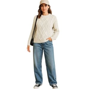Womens Fisherman Sweater Chunky Cable Knit Pullover Cream Small Preppy Cozycore
